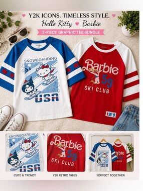 Y2K Hello Kitty Barbie Graphic Tee Bundle Women’s Trendy Retro Cute Tops 2pc